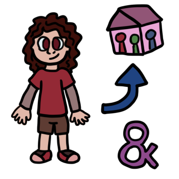 a pale skinned person stands and stares at the camera with a slight smile. they have a red outfit, red eyes, and dark red hair. a blue arrow next to them points to a purple house with three simple people in it, colored red, green, and blue. there's a purple ampersand on the bottom right of the symbol.